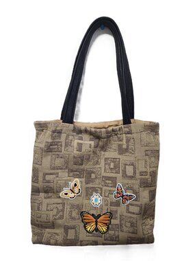 Handmade Artisan Butterfly Tapestry Tote-Genuine Leather Straps